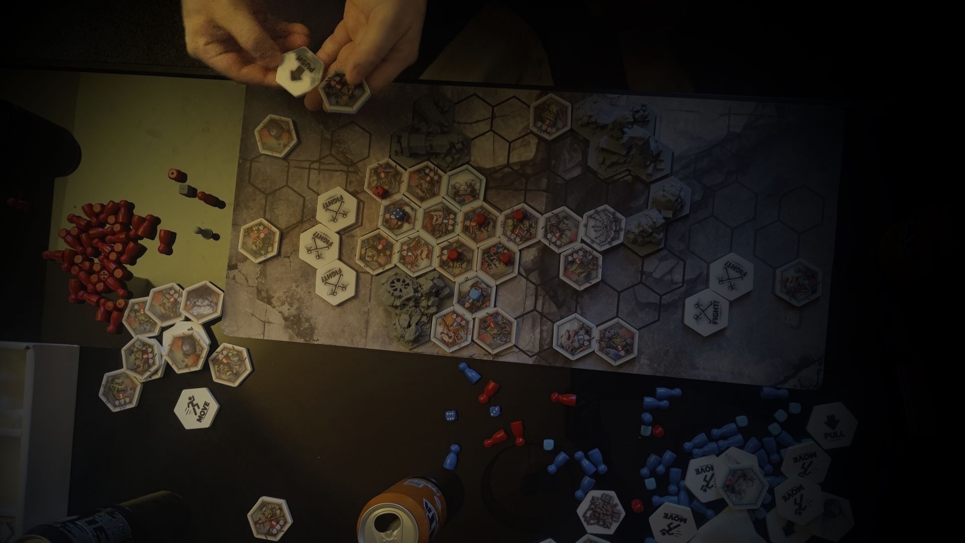 Hexfall board game being played on a tabletop