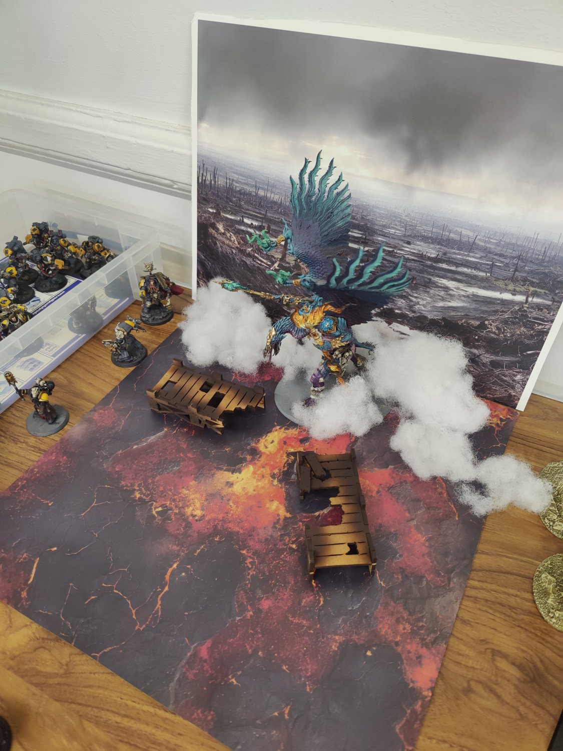 2D6 miniature photography backdrop setup at a tabletop gaming club