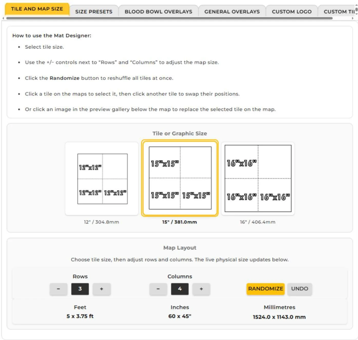 Online Map Generator showing size options, tile layout controls and randomise controls