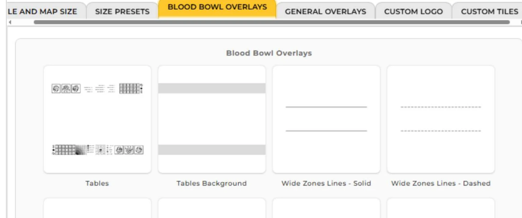 Online Map Generator showing Blood Bowl overlays, general overlays, custom logo and custom tile controls