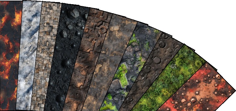 A fan-shaped selection showing different 2D6 Gaming Mat battlefield styles