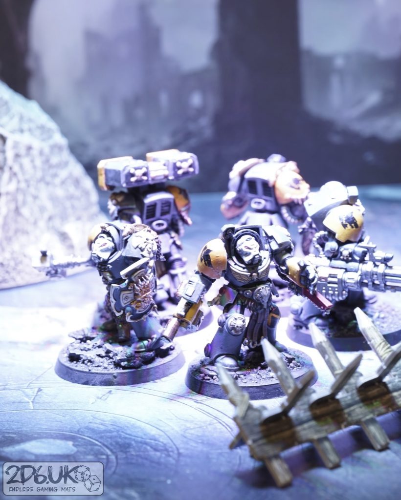 Painted armoured infantry with cool lighting against a softly blurred scenic backdrop
